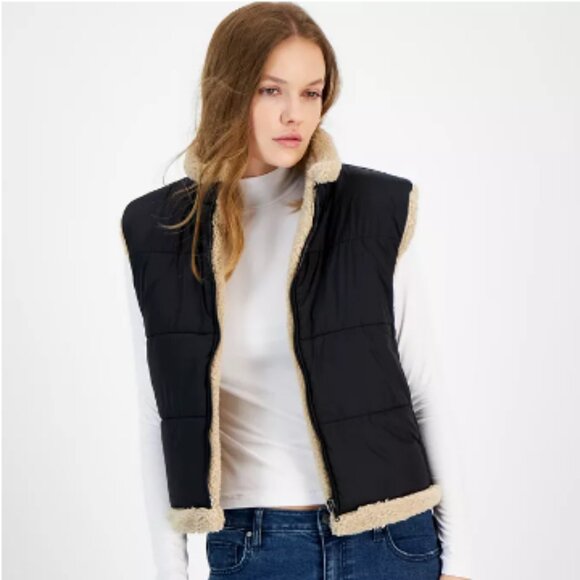 Now + This Sherpa‎ Fleece-Lined Vest – Black & Cream Beige – Size Small - Picture 2 of 14